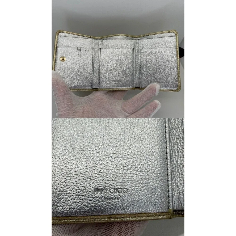 Jimmy Choo JC Logo Leather Trifold Wallet Gold Authentic Designer/131